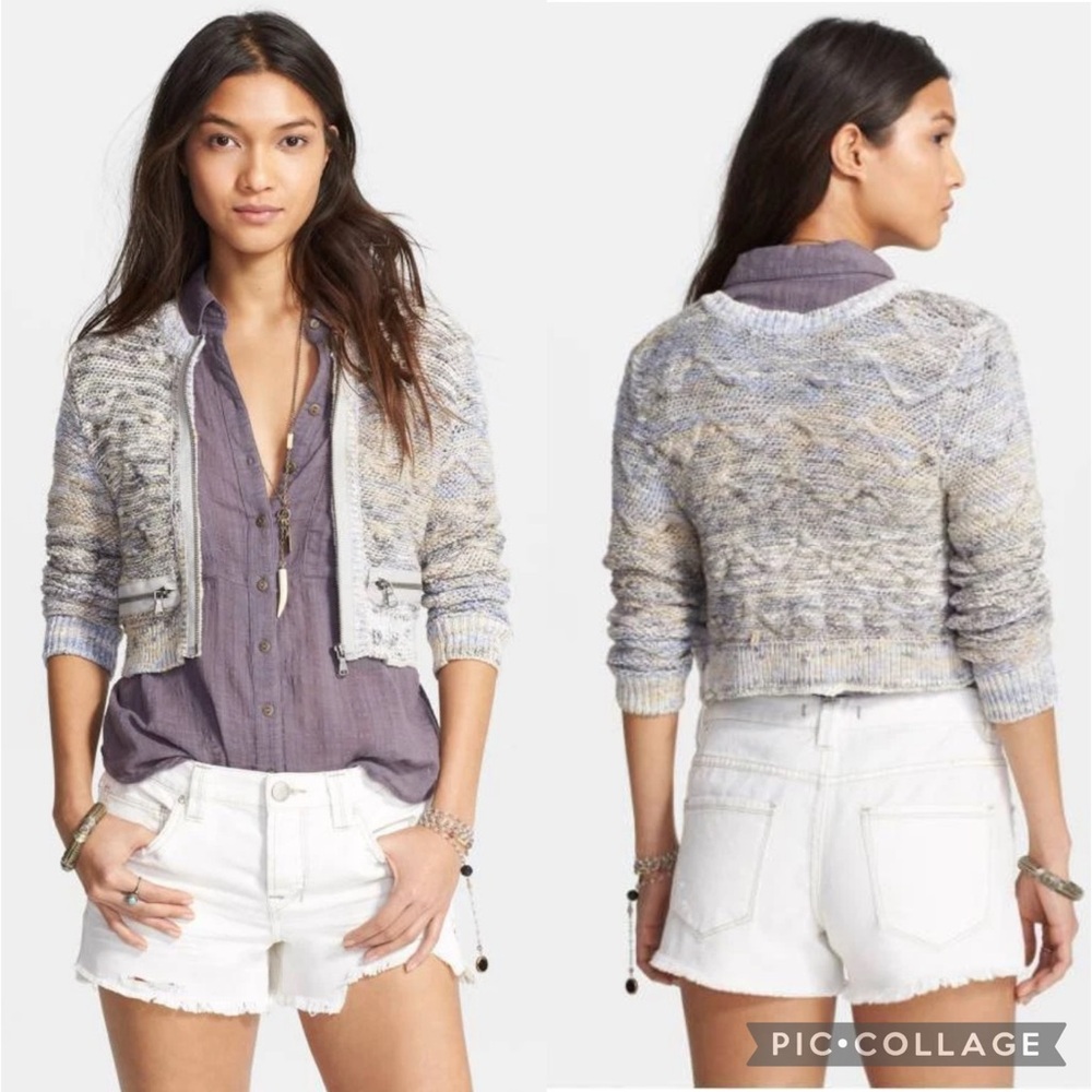 Free People Marled Pastel Rainbow Knit Zip Cropped Cardigan Cardi Sweater